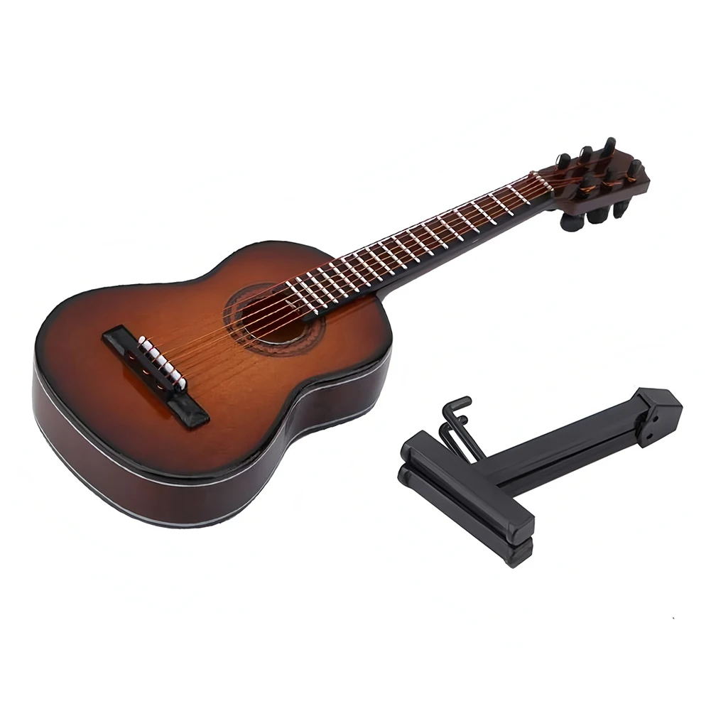 Wooden Miniature Guitar with Stand Miniature Musical Instrument Musical Instrument Replica for Miniature Model Decor Gift