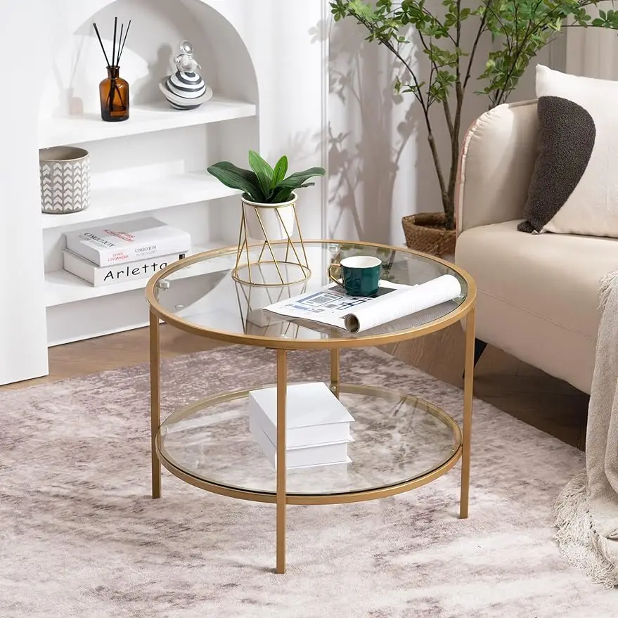 

VINGLI 25.6" Round Gold Coffee Tables for Living Room 2-Tier Glass Top Coffee Table with Storage Clear Coffee Simple