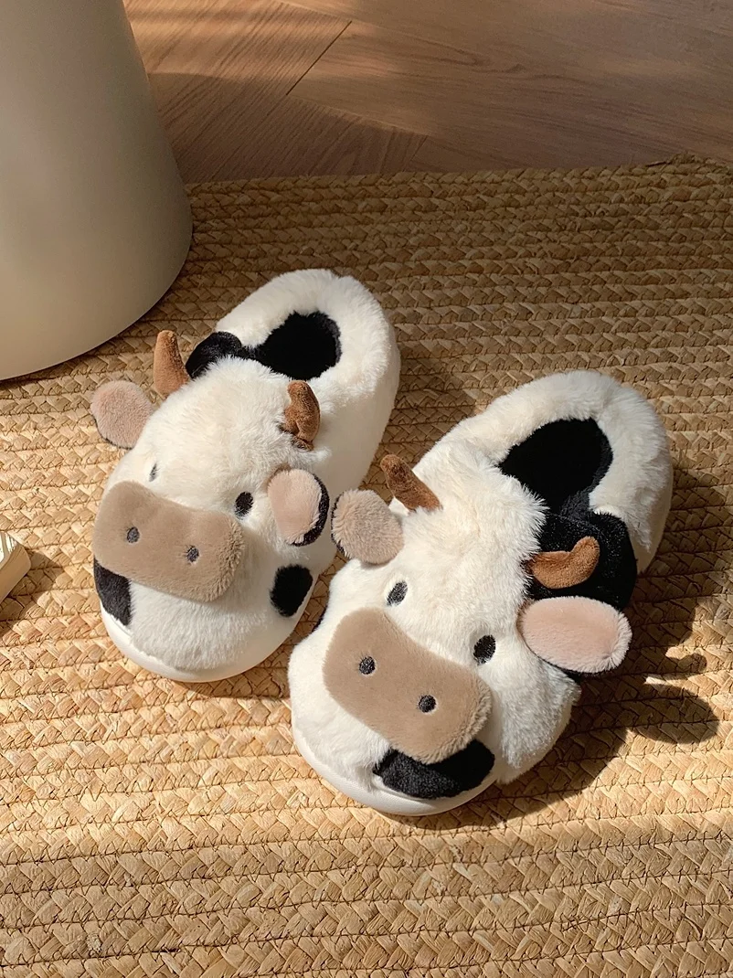 Couples Cute Cow Cotton Slippers For Winter Men And Women Home Slipper Warm Plush Slippers Indoor Household Shoes couples cute cow cotton slippers for winter men and women home slipper warm plush slippers indoor household shoes