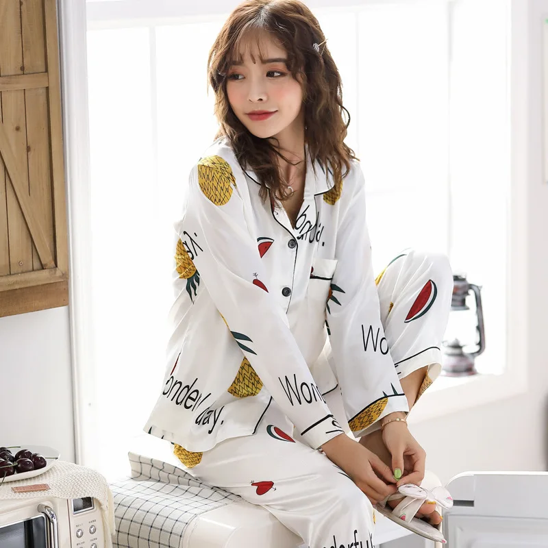 Women's Pajamas Sets Faux Silk Satin Pyjamas Female Pijamas Lapel Long Sleeve Shirt Pants Suit Sleepwear Homewear Loungewear
