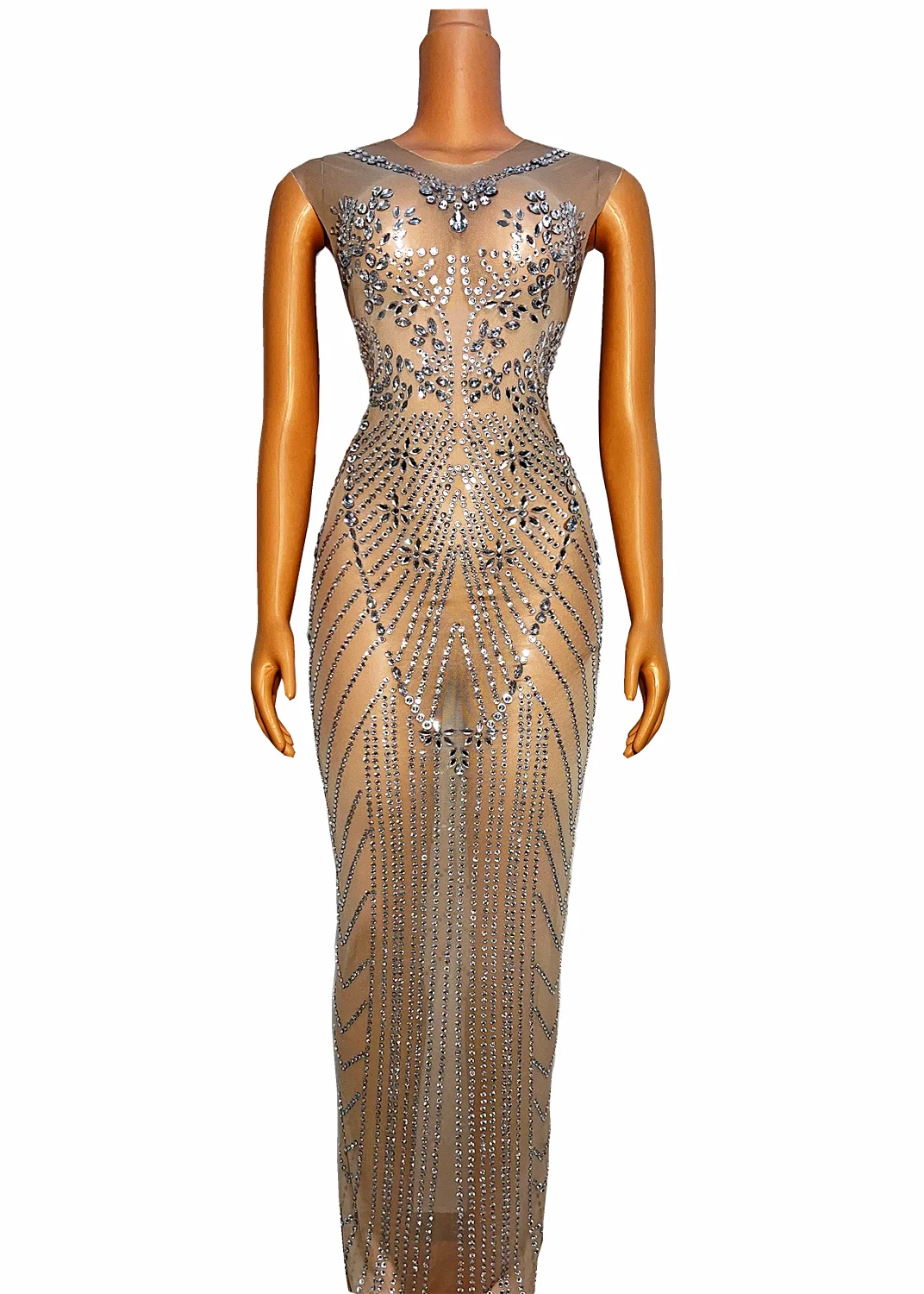 

Transparent Mesh Silver Crystals Dress Prom Party Outfit Birthday Celebrate Stretch Costume Evening Singer Long Dress