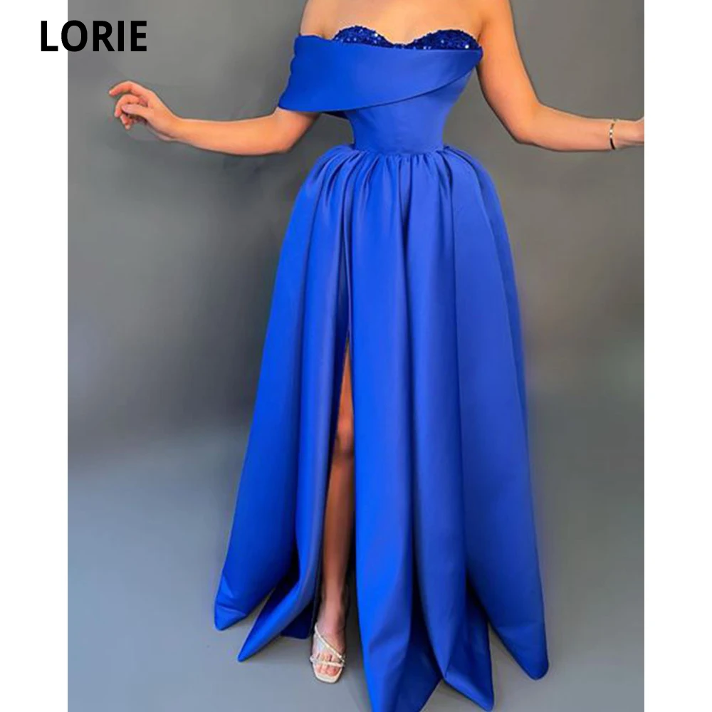 

LORIE A-line Women Satin Prom Dresses Strapless Sweetheart Sequins Floor Length Evening Gowns Sexy Split Formal Occasion Dresses