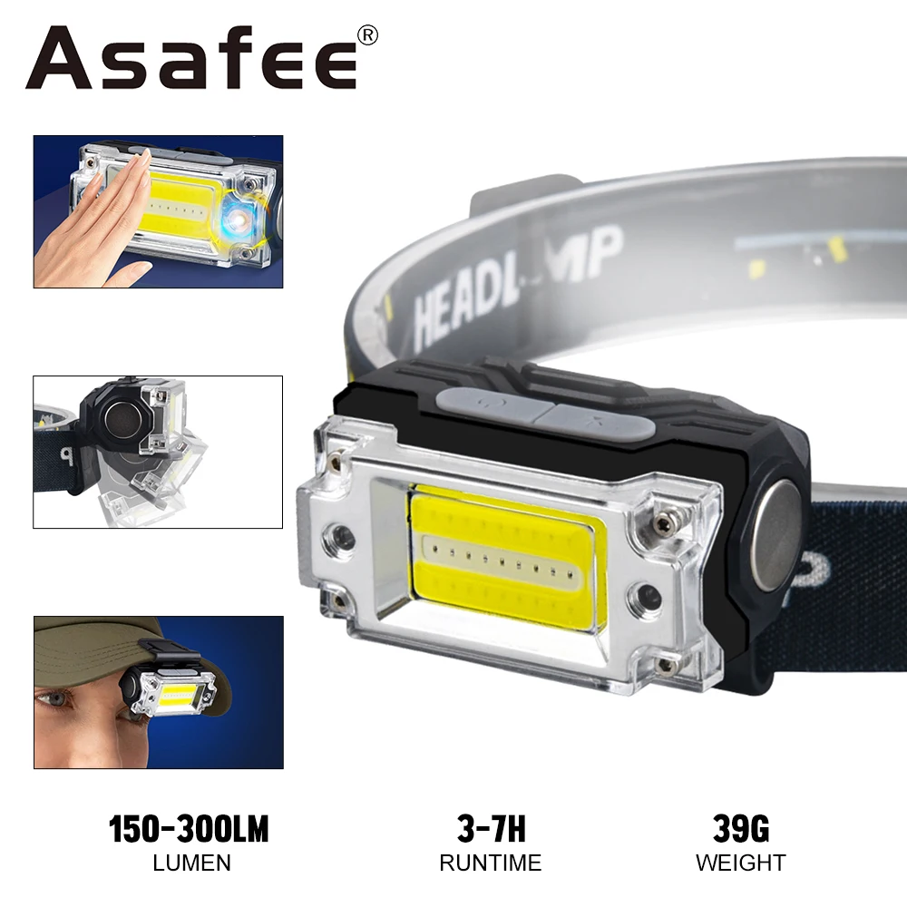 

Asafee X23 COB LED 300LM Headlamp IPX4 Waterproof Headlight 90° Rotation 39G Lightweight Built-in Battery Rechargeable Induction