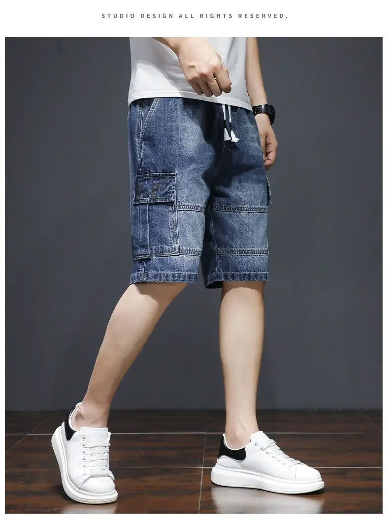 Harajuku Fashion Drawstring Designer Korean Luxury Boyfriend Multi Pocket Loose Casual Denim Jeans Men Summer Knee Length Shorts
