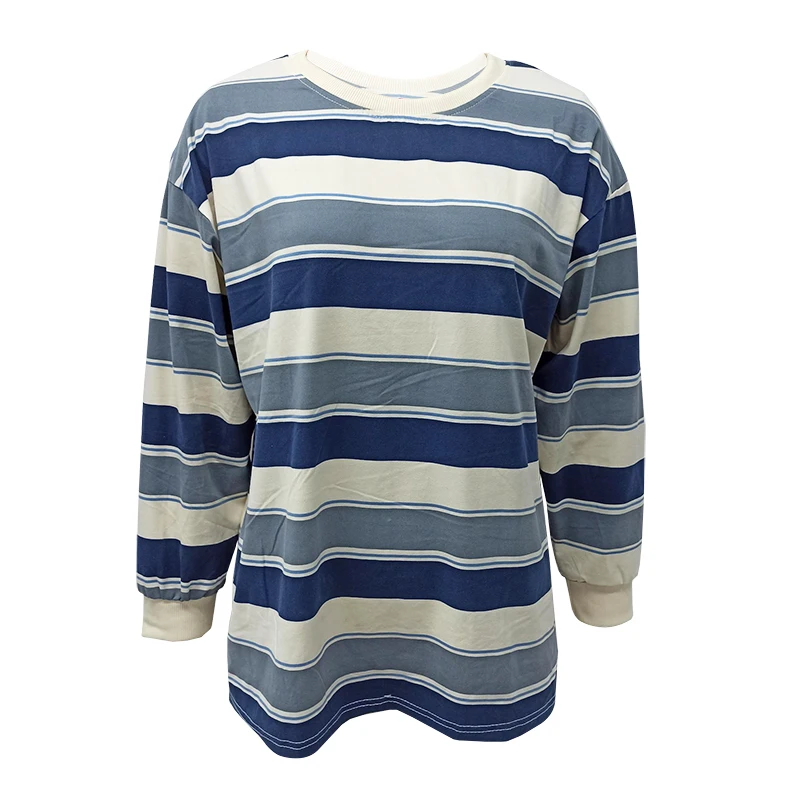 Women s Stylish Long Sleeve Striped Round Neck Pullover Top with Loose Fit and Fashionable Print Design