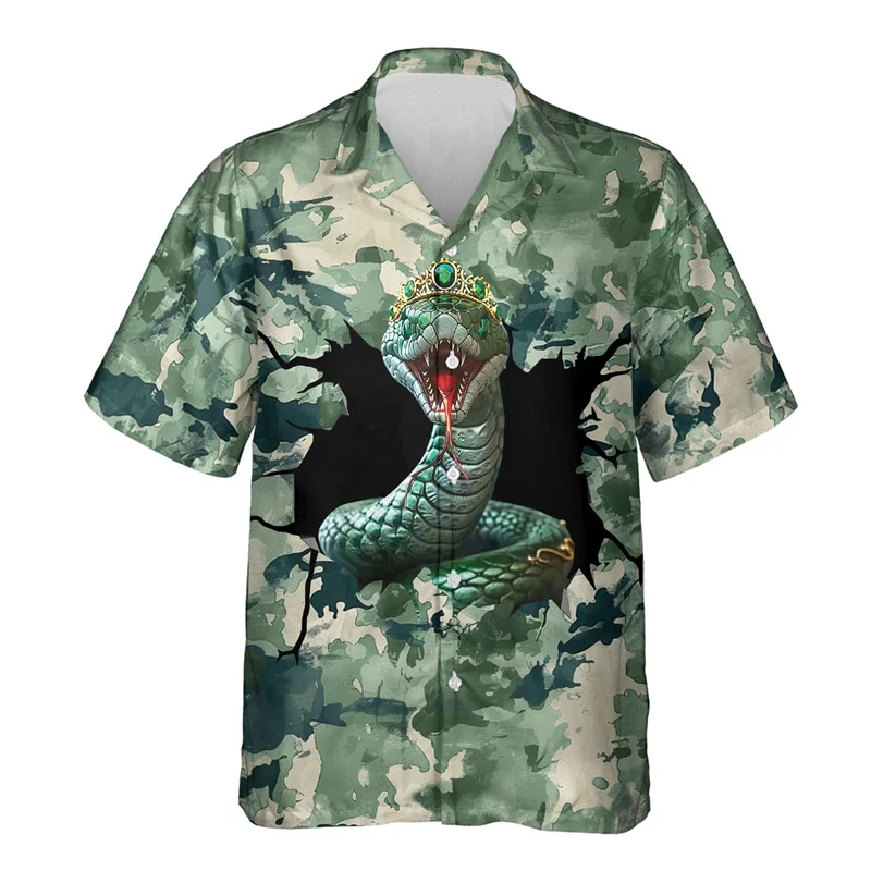 Camisa hawaiana con estampado de serpiente de terror para hombre, divertida camisa hawaiana con estampado 3D de serpiente, blusas casuales de verano de manga corta con solapa
