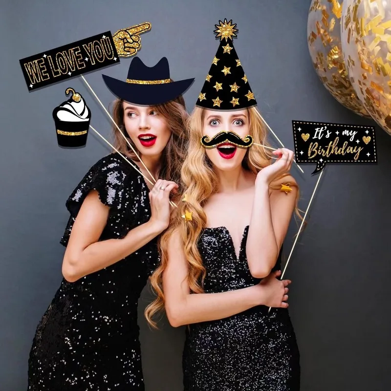 2025 Happy New Year Black Gold Black Silver Paper Handheld Party Photography Supplies Decorations Photobooth Selfie Prop 36PCS