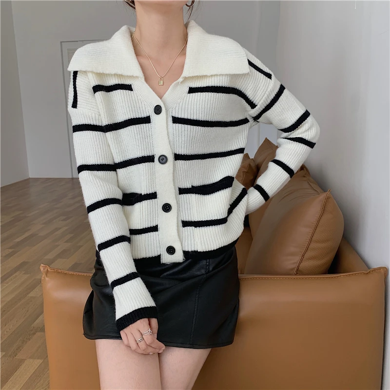 black sweater Croysier Cropped Cardigan Winter Women Long Sleeve Top V Neck Collared Knitted Sweater Casual Loose Striped Cardigans Sweaters pink cardigan