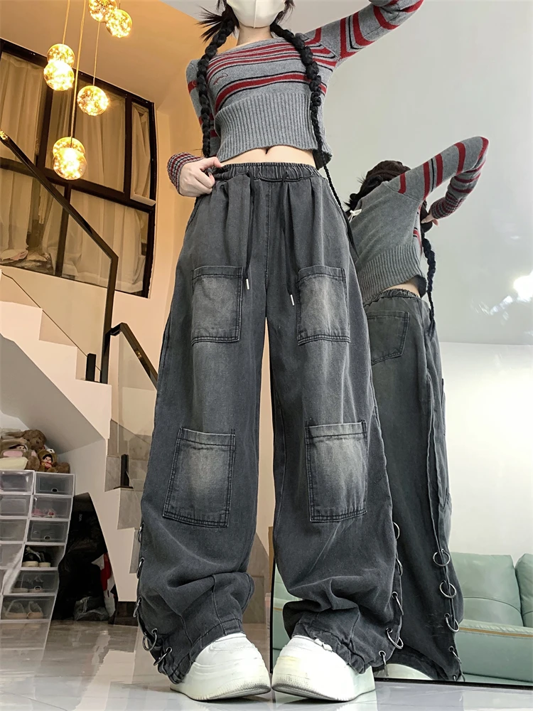 

Women's Multiple Pockets Loose Jeans Street Casual Neutral Style Denim Trousers Female High Waist Straight Cowboy Pants