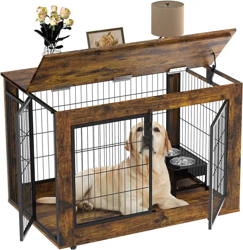 

EasyCom Dog Crate Furniture, Extra Large Dog Kennel Indoor with Top-Access Teasing/Feeding Doo,with Wheels Double Doors