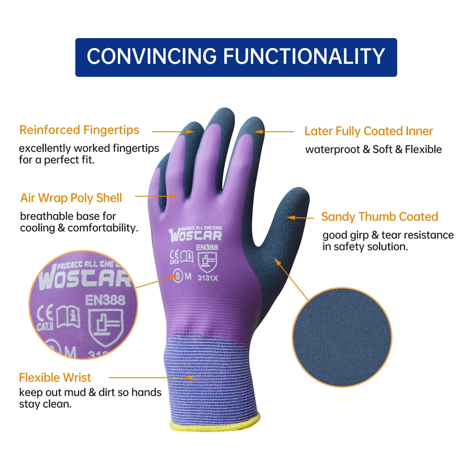 Working Gloves Purple Polyester Grey Latex Glove Wostar Protective for work Garden Durable Non-slip Waterproof Gardening Gloves