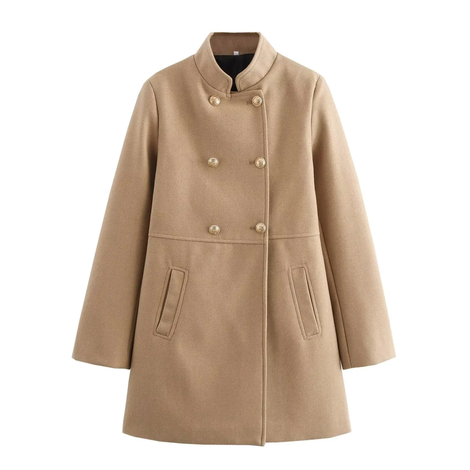 Women's Blended Coat Female Autumn Winter Warm Stand Collar Long Sleeve Double Row Buttons Gold Outwear Lady Mid-Length Jackets