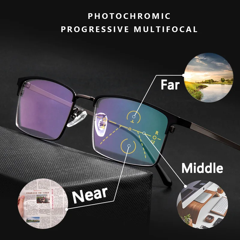 Ultralight Titanium Photochromic Reading Glasses Men Progressive
