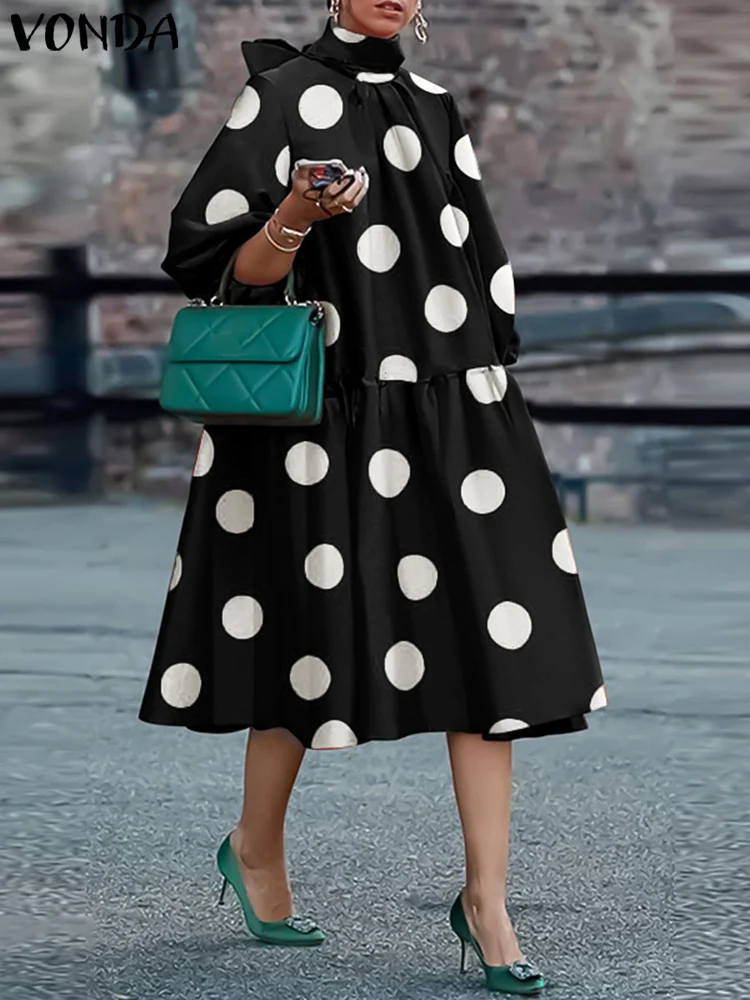 플러스사이즈 원피스 우아하고 아름다운 여성용 파티 드레스, 배트윙 플리츠 드레스, 루즈 섹시 플러스 사이즈 드레스, 4xl 여성용, 도매 직송 8 VONDA 보헤미안 도트 포인트 프린트 드레스, 2023 여성용 캐주얼 미디 선드레스, 3/4 소매 스탠드 칼라, 붕대 긴 로브, 플러스 사이즈 5XL