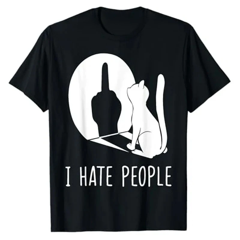 Cat Shadow I Hate People Middle Finger T-Shirt Humor Funny Kitty Graphic Outfit Short Sleeve Blouses Gifts Sarcastic 1