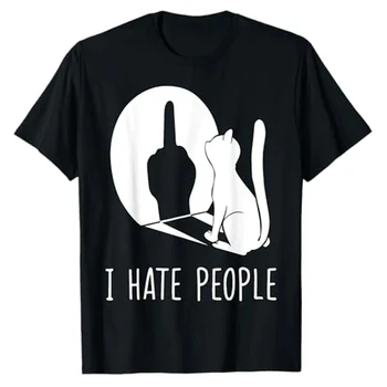 Cat Shadow I Hate People Middle Finger T-Shirt Humor Funny Kitty Graphic Outfit Short Sleeve Blouses Gifts Sarcastic 1