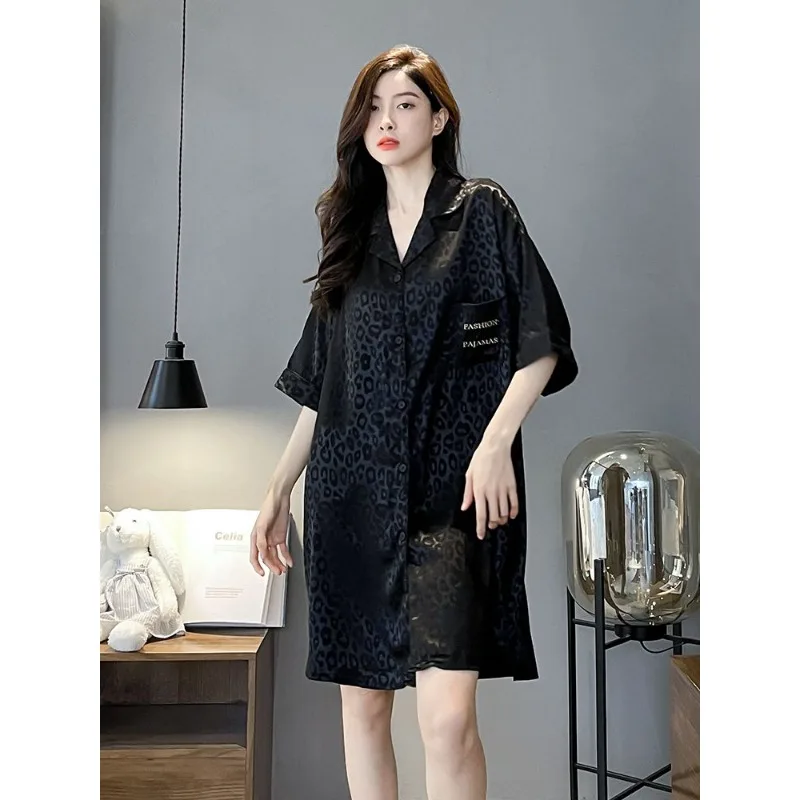 Ice silk nightdress Women's summer Short sleeve thin Leopard print Sense of advanced Sexy silk blouse nightdress Home dress