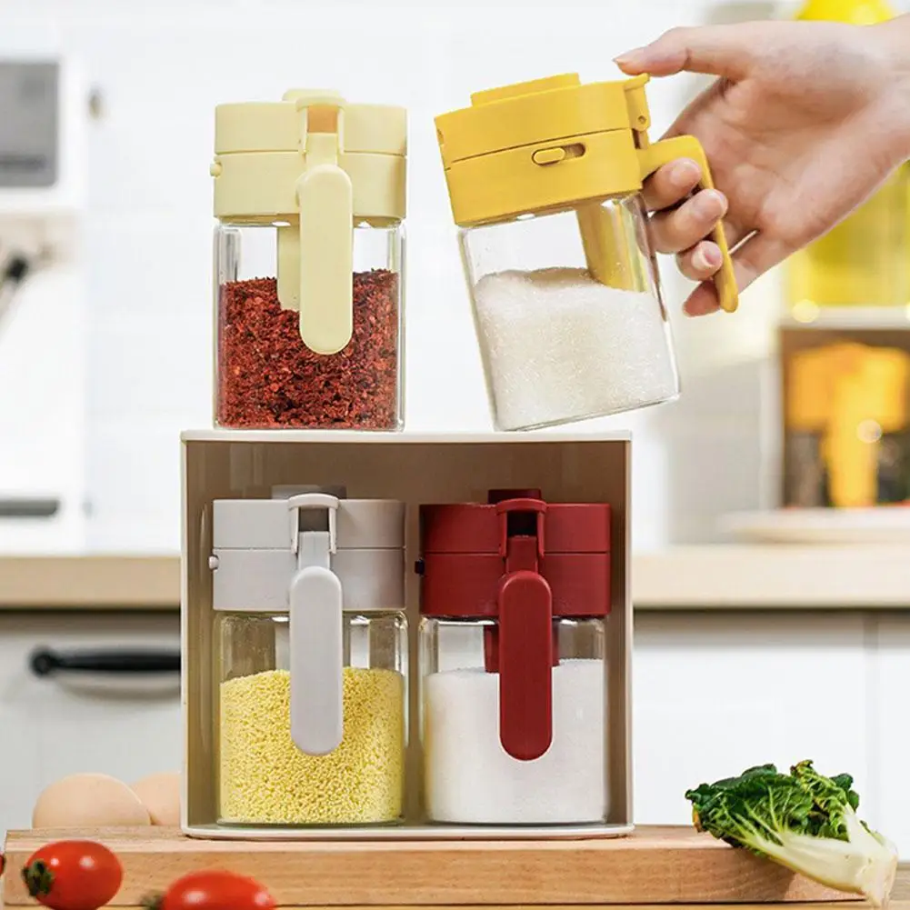 Glass Handle For Kitchen Seasoning Jar Flip Over Seasoning Box Transparent Glass With Spoon 1pc seasoning jar