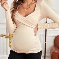 Pregnant Women's Fashion Cross Wrap Sweetheart Long Sleeve V-Neck Ribbed Pregnant Mom Autumn/Winter T-shirt Top 1