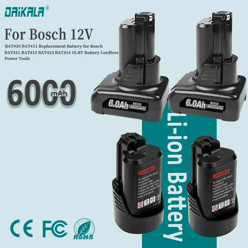 

12V 6Ah Li-ion BAT420 BAT411 Replacement Battery for Bosch BAT411 BAT412 BAT413 BAT414 10.8V Battery Cordless Power Tools