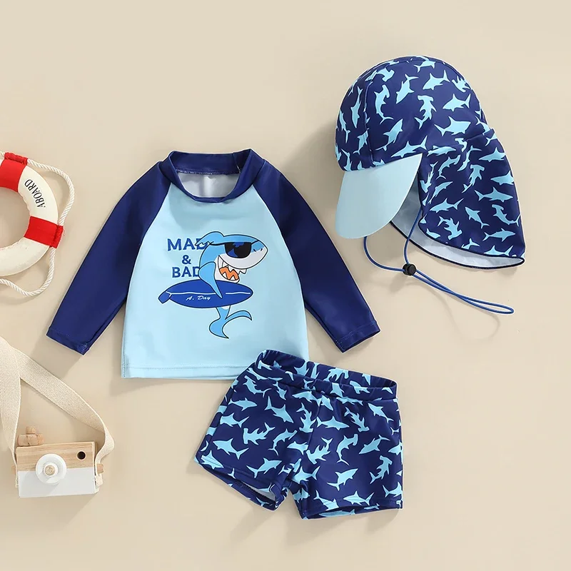 Toddler Baby Boys Swimsuit UPF 50+ Rash Guard Set Short Sleeve Blue Shark Dolphin Print Top+Shorts+Hat Swimwear Bathing Suit Kids swimsuits boys swim shorts