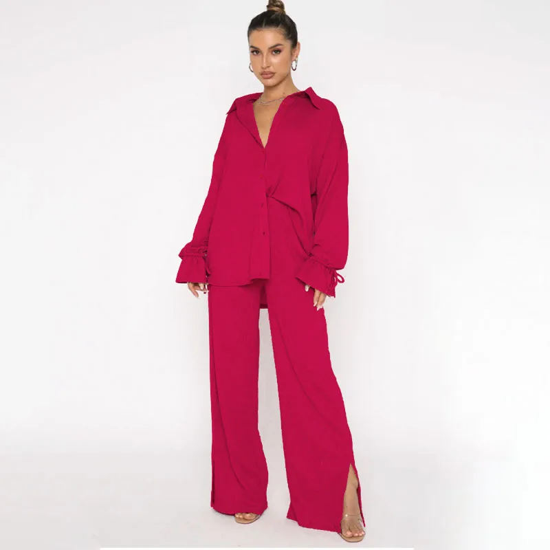 

Women Tracksuit Solid Color Shirt + Wide Leg Pants Two Piece Set Vintage Y2k Spring Autumn Fashion Casual Streetwear Female Suit