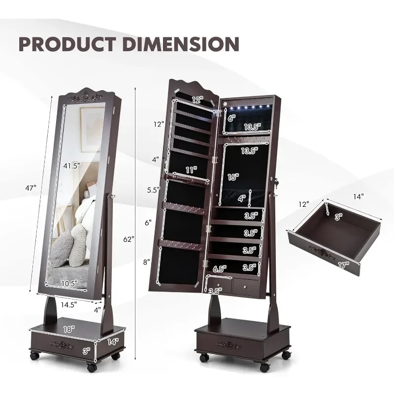 Jewelry Cabinet Armoire Freestanding, Lockable Jewelry Organizer with 3-position Adjustable Angle, Wheels, Full-length Mirror 6