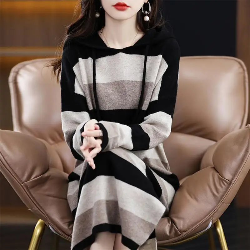 Female Loose Fashion Striped Hooded Knitted Dress 2023 Autumn Winter Women\'s Clothing Korean Elegant Long Sleeve Midi Dresses