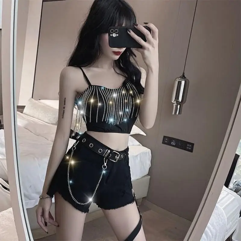 Design Tassel Tight Small Tank Top with a Sexy Navel Exposed Chest Visible Bra Strap Top for a Nightclub Jumpsuit Two-piece Set fashion diamante decoration tight stretch jumpsuit shorts women zipper half open skinny waist rompers sexy mesh see through wear