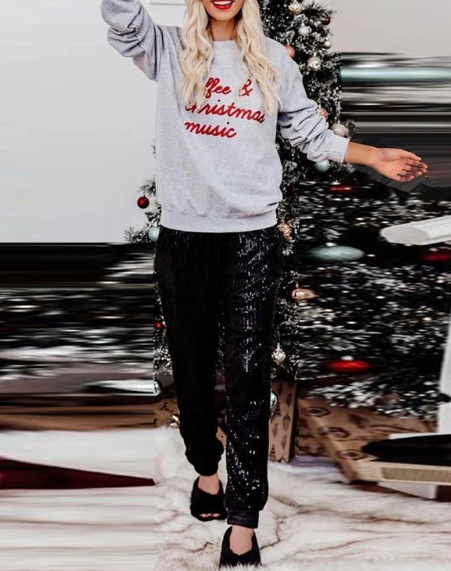 Two Pieces of Casual Women Outfits 2023 Winter New Fashion Simple Daily Round Neck Christmas Letter Print Top&seqins Pants Set