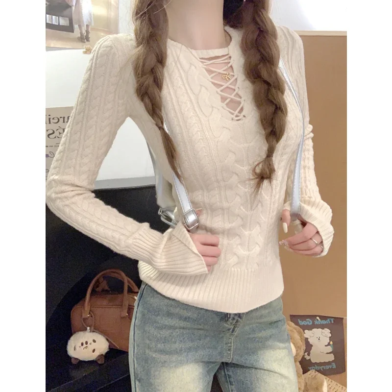 Autumn Sexy Hollow Out Long Sleeved Sweater Korean Style Elegant Knitwear Winter Slim Fit Solid Color Knitted Tops 2025