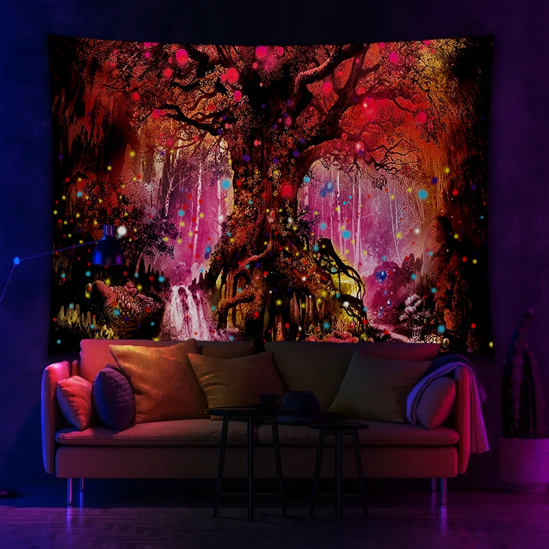 

8 Colors Magic Forest Tree Lamp Print UV Fluorescent Tapestry For Wall Hanging Living Room Bedroom Independent Room Decoration