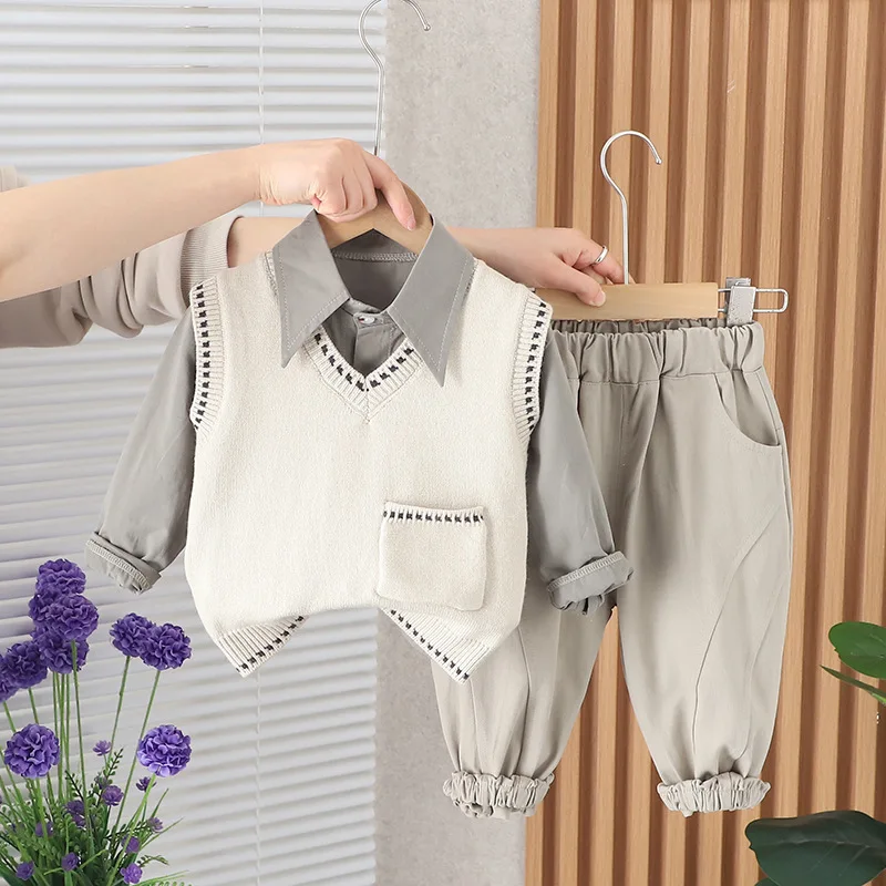 

Toddler Boys Outfits 2024 Spring Baby Boy Clothes 6 To 12 Month Solid Color V-neck Sweater Vest + Shirts + Pants 3PCS Kids Suits