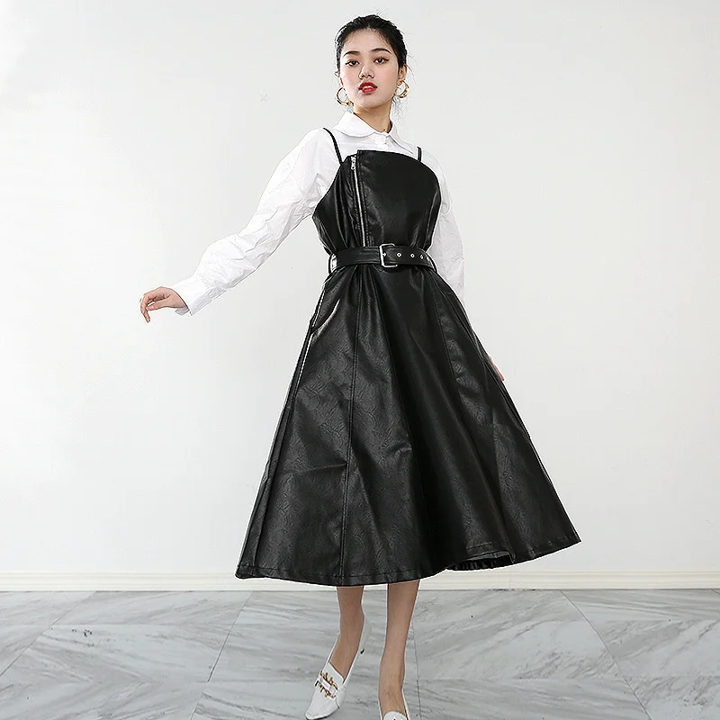 

Women Black Pu Leather Long Spaghetti Strap Dress New V-Neck Sleeveless Loose Fit Fashion Tide Spring Autumn