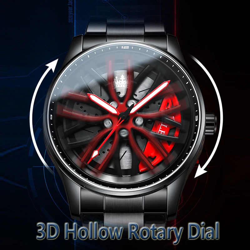 OLEVS Sports Car Rim Men's Watches Luxury Rotary Wheel Dial Luminous Waterproof Classic Quartz Wristwatch Top Brand Reloj Hombre