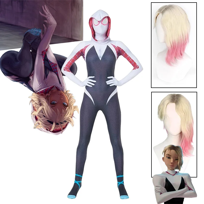 

Spider Gwen Cosplay Wig Spiderman Bodysuit Superhero Gwen Stacy Spider Costume Jumpsuit Suit Halloween Party for Girls Woman