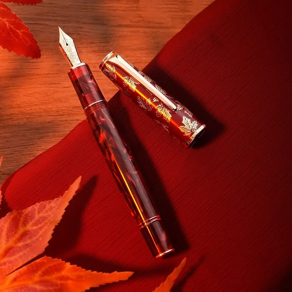 

Hongdian N8 Fountain Pen Red Acrylic Resin Maple Leaf Carving Cap EF/F Nib Trim Smooth Office Writing Gifts Pens With Converter