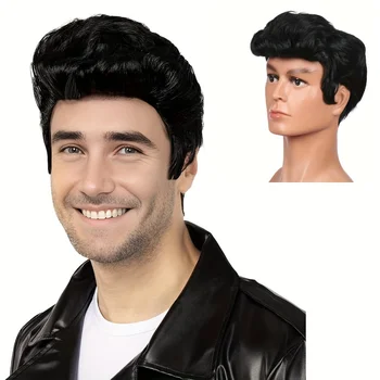 Men'S Fashionable Black Wavy Disco Wig - Cat King Synthetic Wigs for 70'S 50'S Rock Star Cosplay wig Perfect for Parties 1