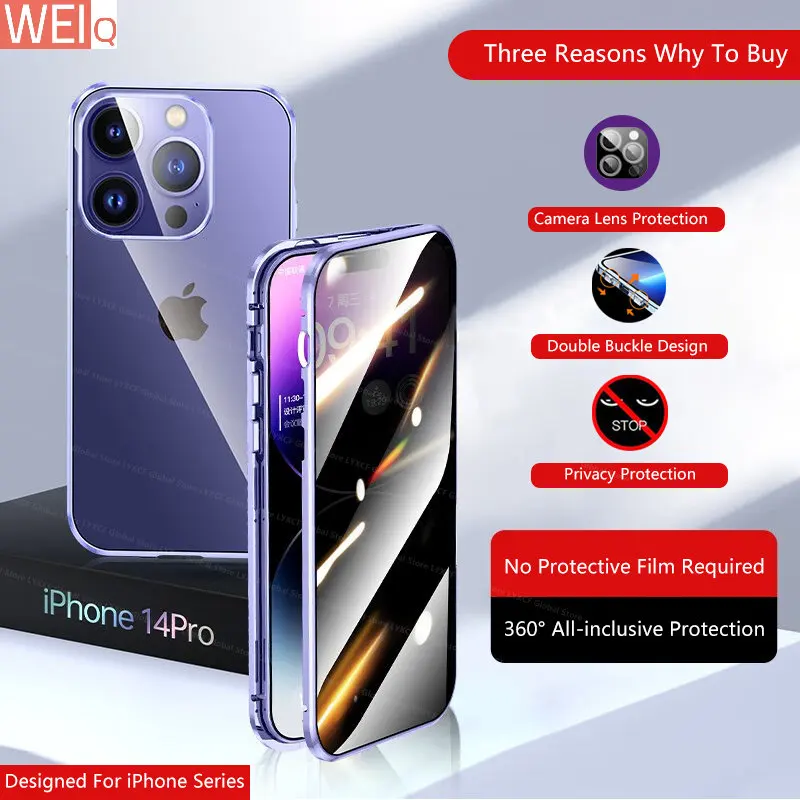 

Двухсторонний стеклянный антишпионский металлический чехол с магнитной пряжкой для iPhone 14 13 11 12 Pro Max с защитной крышкой для объектива камеры