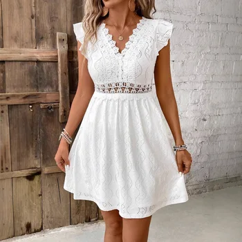 Mini abito elegante in pizzo da donna 2025 moda estiva senza maniche scava fuori abiti corti con scollo a V a trapezio casual