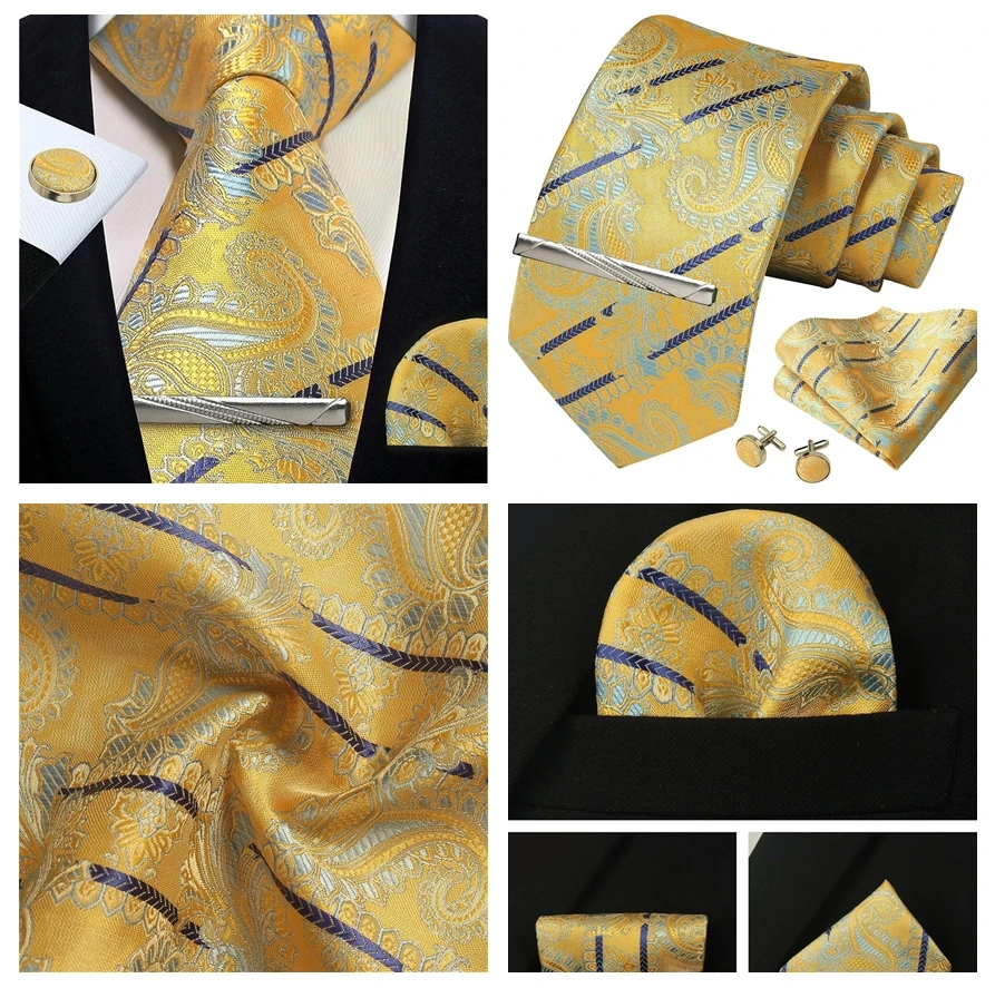 Herren Gold schwarz Paisley Seide Krawatte für Männer Luxus Geschenk klassische Krawatte Taschentuch Manschetten knöpfe Krawatten klammer Set formale Hochzeit Accessoires – Detail 9