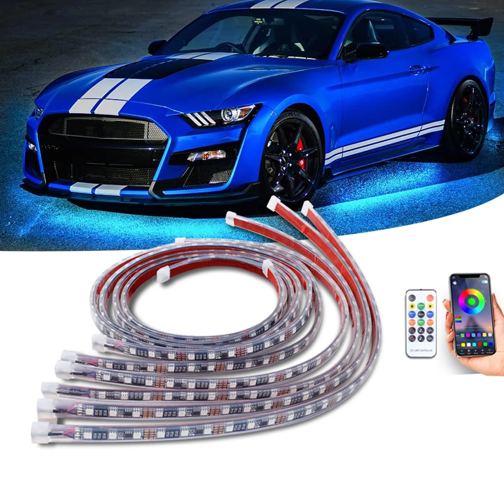 

6Pcs Car Under Glow Light Kit RGB Neon Ambient Decorative LED Strip Light Remote Control for Truck Auto Outside Interior Light