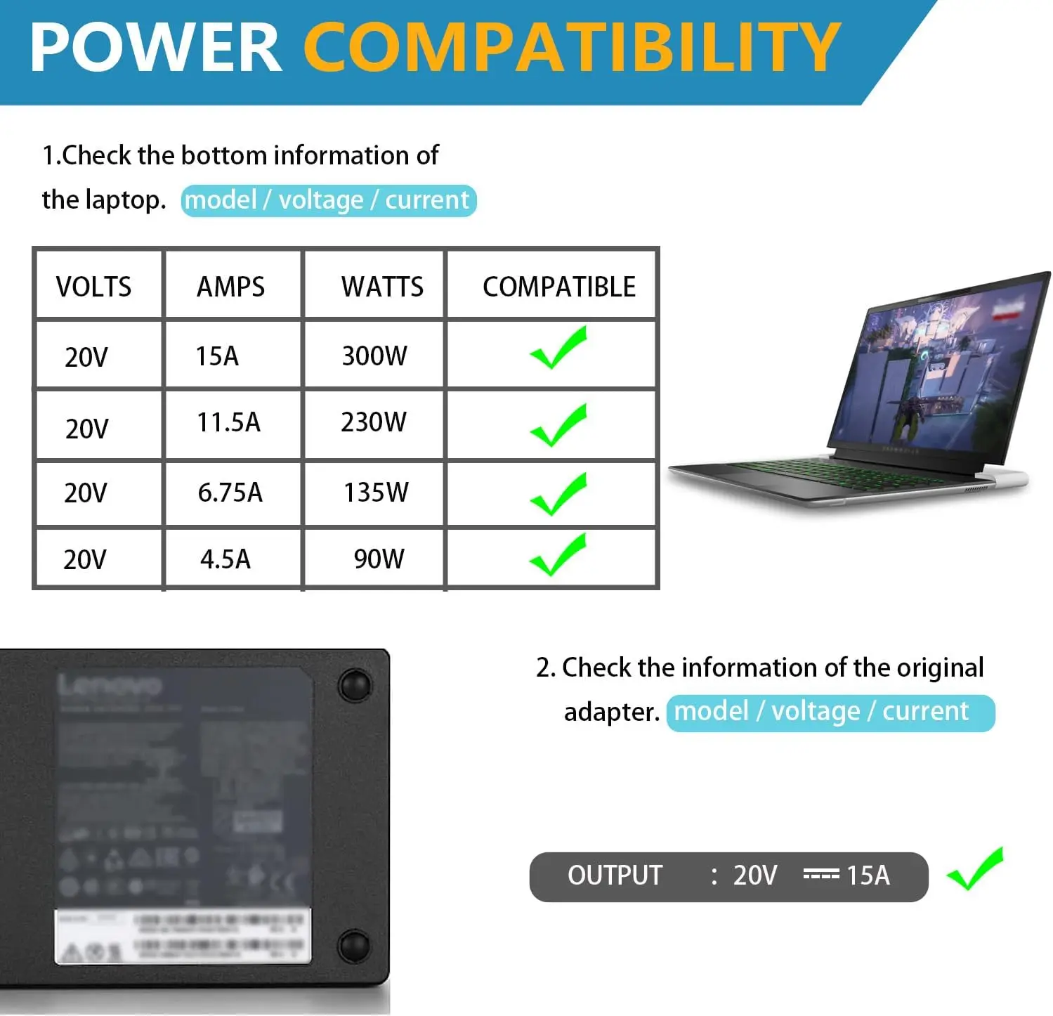 300W 20V 15A USB Ladegerät Für Lenovo R9000P R9000K Y9000K Y9000X Legion 7i 5i Kompatibel Laptop Netzteil_voghion.com