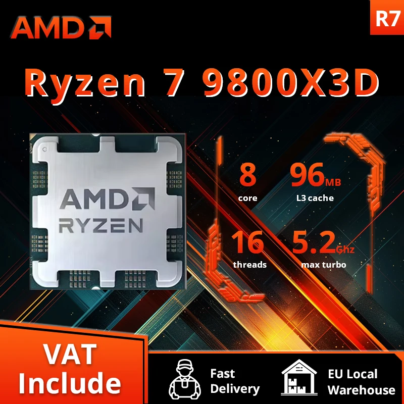 AMD Ryzen ™   7 9800X3D Nouveau processeur, cache V 3D 8C/16T 120W jusqu'à 5,2 GHz, L3=96M 100-100001084 Socket AM5 mais sans refroidisseur
