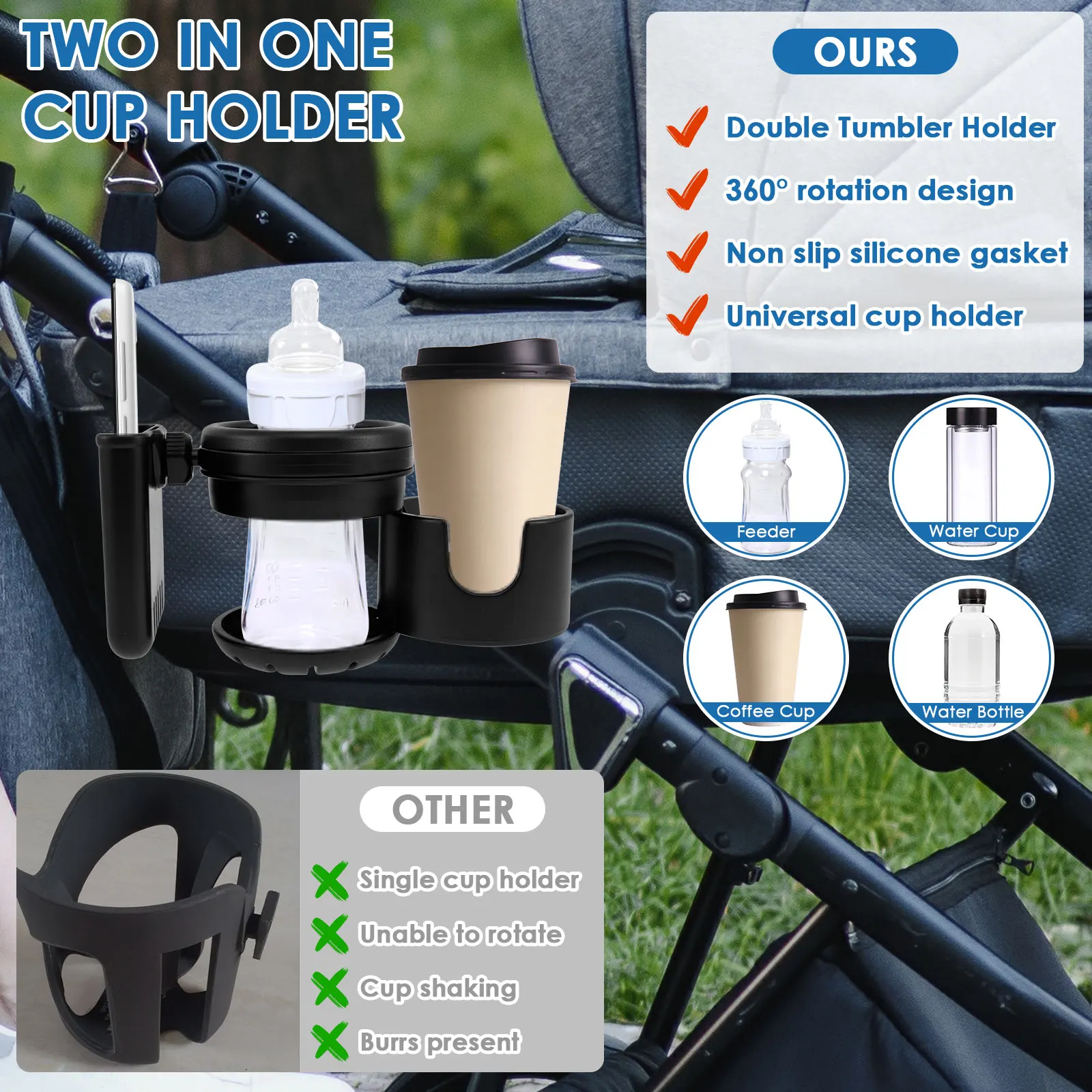 Stroller accessories Pram cup holders Stroller cup holder 3 In 1 Baby Stroller Cup Holder Adjustable 360&deg; Rotation Phone Drink Milk Bottle Holderfor Universal Pram Wheelchair Accessoris