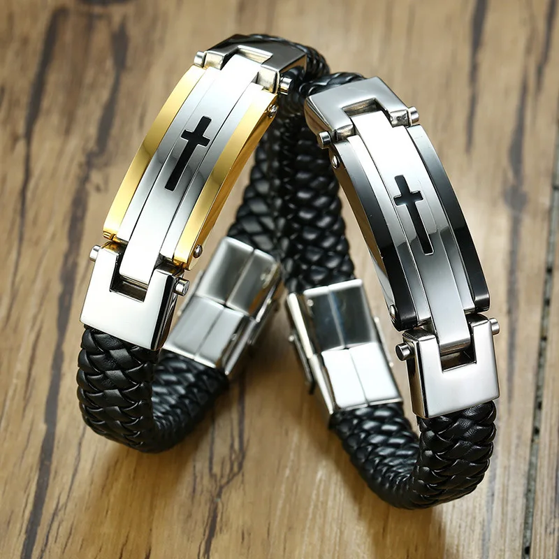 Fashion Men's Cross Stainless Steel Woven Leather Rope Bangles Religious Party Prayer Wishing Amulet Bracelet Jewelry Gift 4