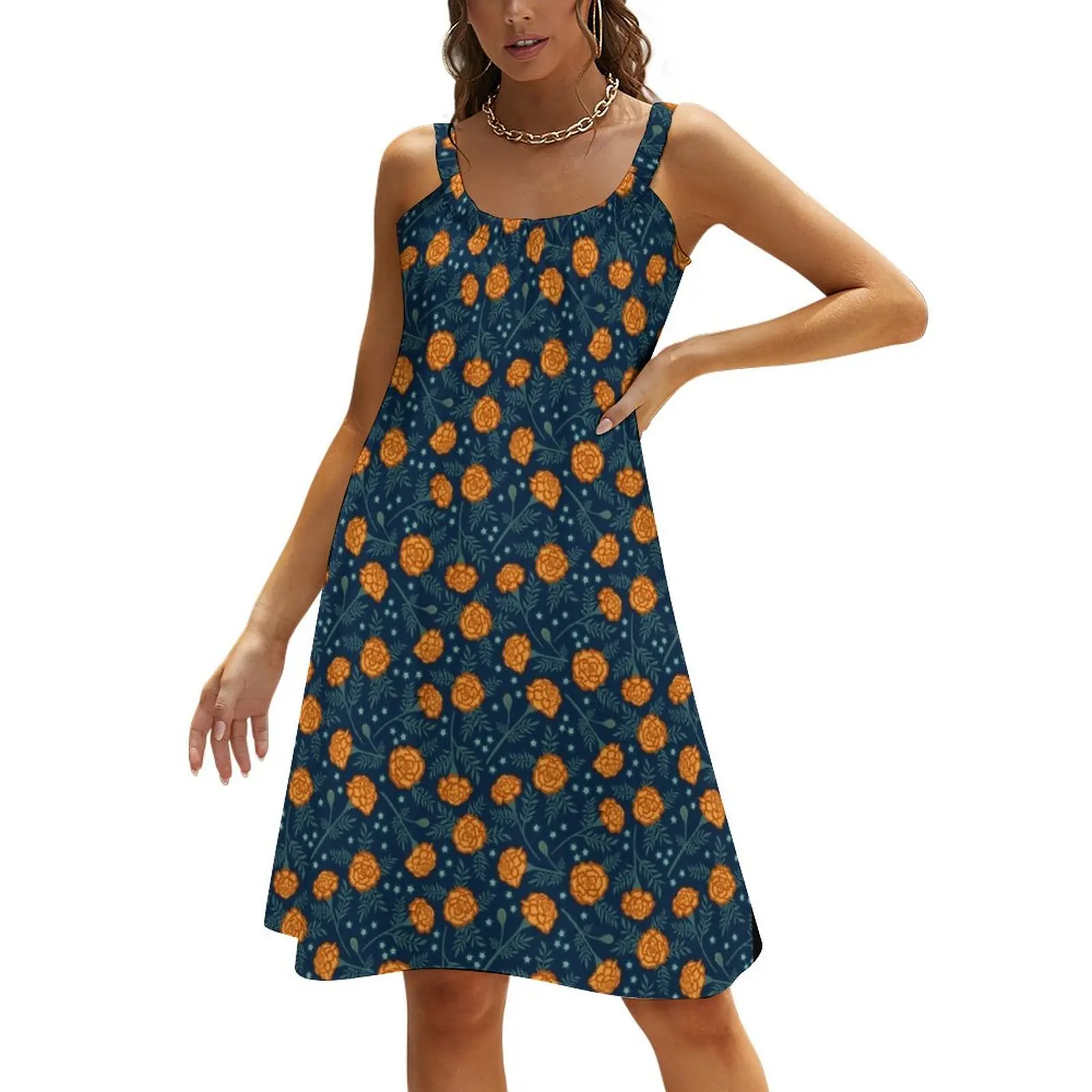 

Marigolds and forget me nots on midnight blue Beach Sling Skirt dresses for official occasions Long dress woman