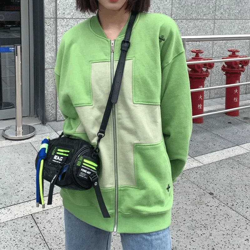 

Green Vintage Cross Graphics Oversized Hoodies Zip Up Long Sleeve Top Women's Sweatshirt Y2K Aesthetic Winter Grunge Clothing