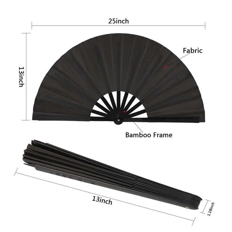 6 Pieces Large Folding Fan Nylon Cloth Handheld Folding Fan Chinese Kung Fu Tai Chi Fan Black Decoration Fold Hand Fan