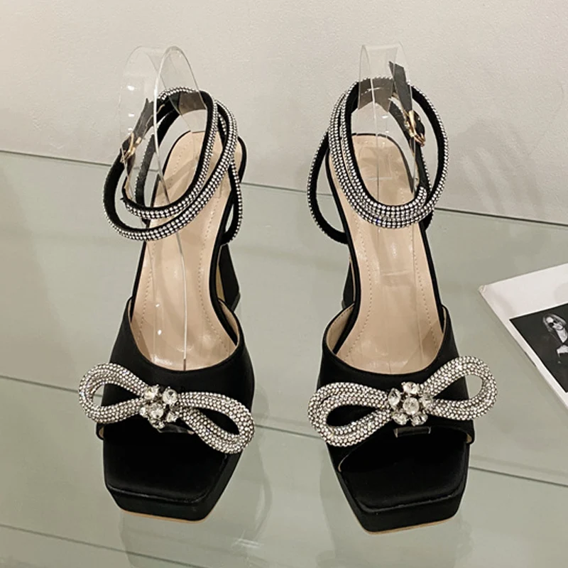Women's Rhinestone Ankle Strap Platform Sandals - Chunky High Heel Party Pumps